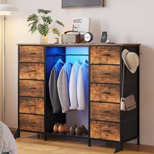 LUMTOK 55"W Dresser with Hanging Rack,10 Fabric drawers & Hooks for Bedroom
