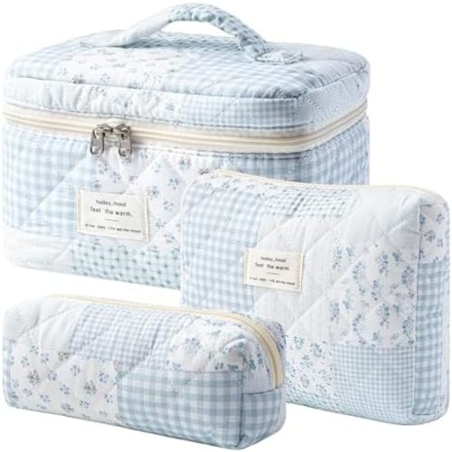 HBselect Quilted Makeup Bag, 3PCS Cotton Large Travel Makeup Bag, Cute Floral Coquette Make up Bag Cosmetic Bag Toiletry Bag for Women Girls