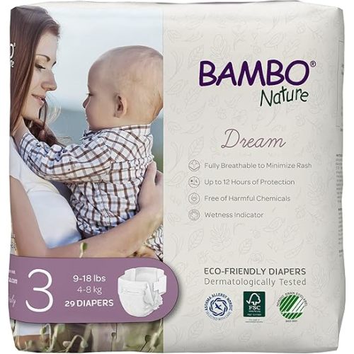 Bambo Nature Hypoallergenic Dream Baby Diapers, Premium Eco-Labeled Sustainable Diapers, Enhanced Leakage Protection, Totally Chlorine-free, Skin Friendly, and Super Absorbent - Size 1 (108 Count)