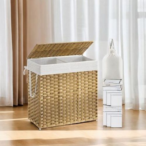 130L Double Laundry Hamper with Lid Clothes Hamper with 2 Removable Liner Bags and 6 Mesh Bags Laundry Storage for Laundry Room Natural