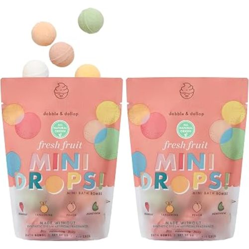 Dabble & Dollop Mini Bath Bombs, Fresh Fruit Scents - Natural Origin, Mixable Scents, Clean Ingredients, No Synthetic Dyes, Toddler & Kids Bath Bombs in Resealable Pouches (Set of 24)