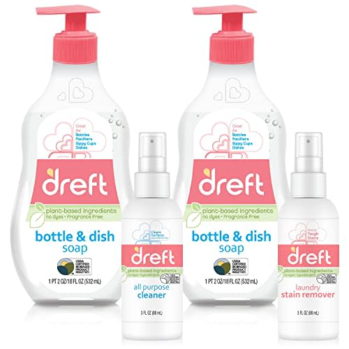 DREFT Bottle and Dish Soap Baby Gift Set - Bonus Travel Size Dreft All Purpose Cleaner & Stain Remover - Made to Clean Baby Essentials - Plant Based Ingredients, Fragrance Free Formula - 4 Piece Set