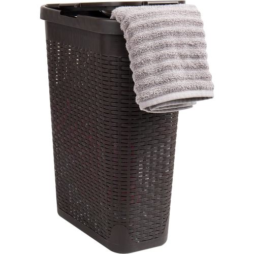 Mind Reader Slim Laundry Hamper with Lid, 40L Clothes Basket, Premium Wicker Design, Plastic, Brown