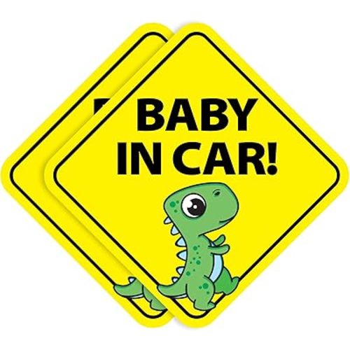 Stickios Baby on Board Stickers - Removable Non-Magnetic Paint-Safe Signs for Cars & Windows - Made in USA - Baby Boy Dinosaur (2 Vinyl Decals)