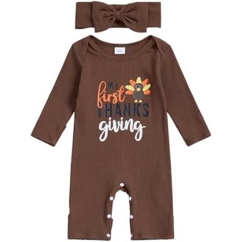 Infant Baby Girl Thanksgiving Outfit Jumpsuit My First Thanksgiving Turkey Print Onesie Romper Bodysuit Newborn Fall Clothes