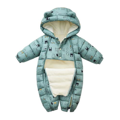 Curuila Infant Boys Girls Coat Long Sleeve Cartoon Print Hooded Jumpsuit With Zipper Thicken Outerwear Long Jacket Green Size 3-6 Months