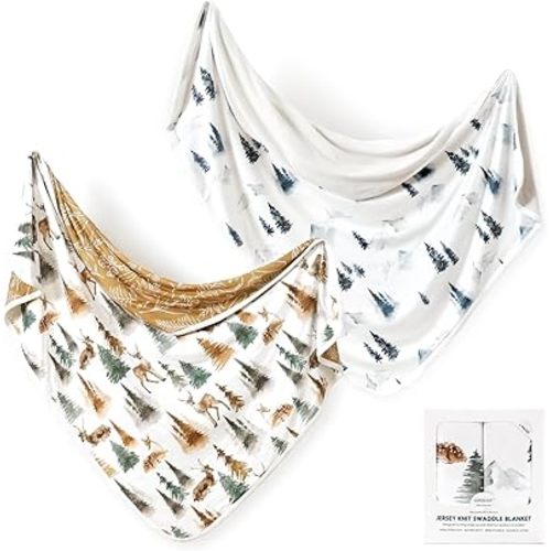 GRSSDER Baby Blankets Super Soft Stretchy Jersey Swaddle Blankets 2 Pack for Baby Boys, Double Layer Reversible Receiving Blankets 34 x 44, Extra Large for Swaddling, Deer & Forest