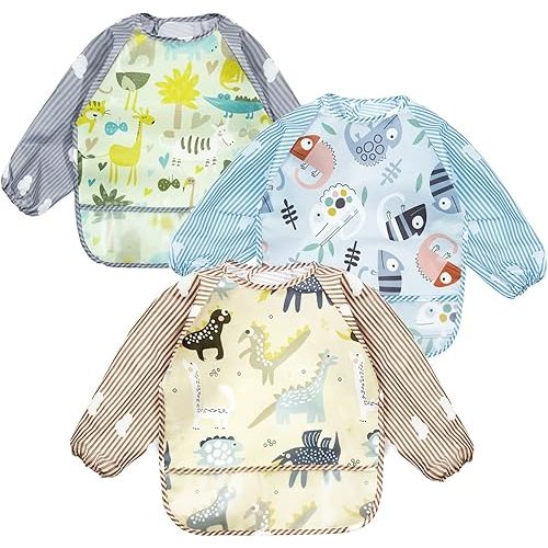 PandaEar (3 Pack) Long Sleeve Bibs| Baby Feeding Bib Smock Bibs| Baby Bibs with sleeves for Baby Infant Toddler 6-36 Months