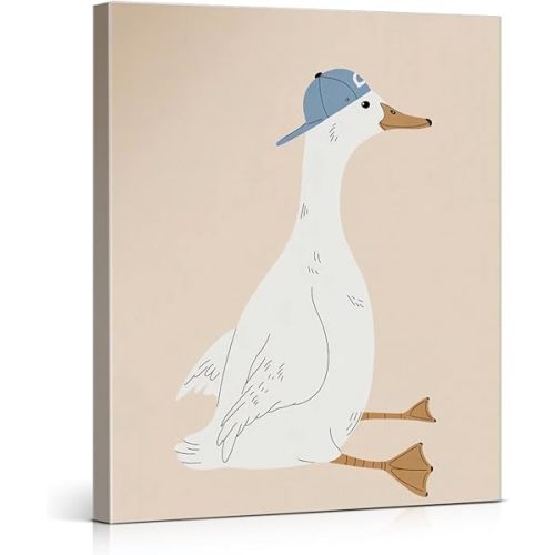 Trendy Silly Goose Wall Art Print - Cute Goose with Hat Poster Picture - Stylish Animal Wall Decor for Home Bedroom Playroom Nursery Canvas Framed 8x10 Inches