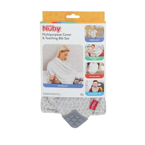 Nuby 5-in-1 Nursing Cover with 3+ Month Teething Bib, Grey