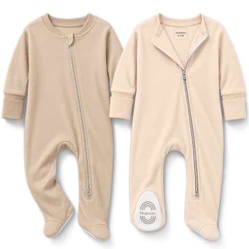 2pk Baby Pajamas Footie, Baby Sleepers, Newborn Pajamas (Ecru, 0-3M) | Organic Cotton Footed Baby Onesies with Mitten Cuffs, Double Zipper Jammies, Soft, Breathable, Unisex Sleep and Play PJS