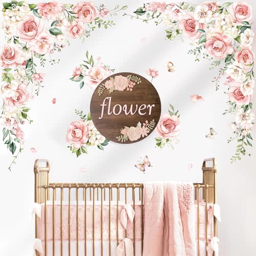 decalmile Large Pink Flower Wall Decals Pink Blossom Floral Vine Butterfly Wall Stickers Baby Nursery Girls Bedroom Living Room Wall Decor