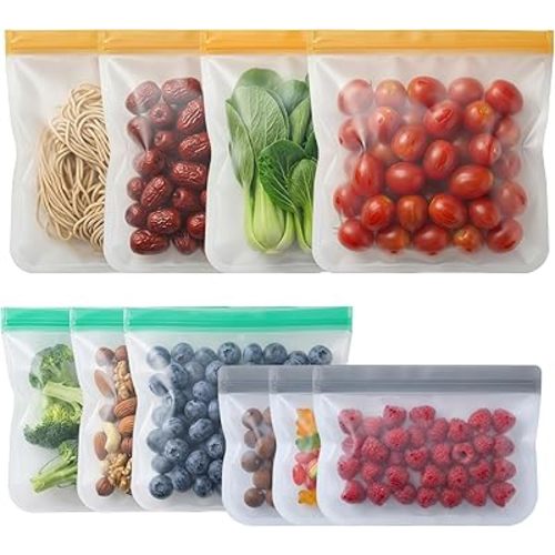 10 Pack Reusable Freezer Bags, Leakproof Reusable Silicone Food Storage Bags BPA Free Contaizers, Snack Sandwich Gallon Bags for Meal Prep, Marinate Meat, Salad Fruit, Veggies, Lunch, Travel, Kitchen