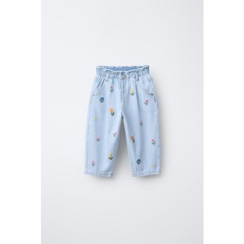 BAGGY PAPERBAG JEANS WITH EMBROIDERED FLOWERS - Blue | ZARA United States