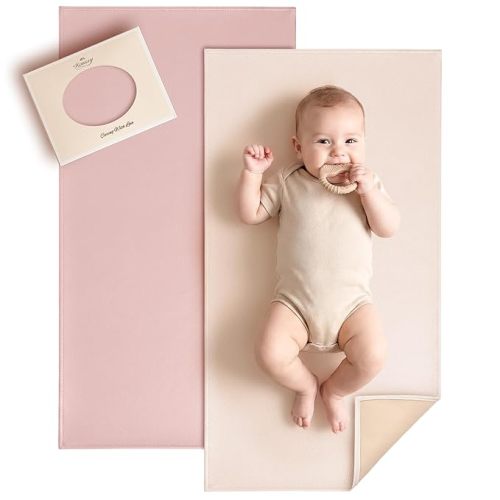 Konssy Faux Leather Baby Changing Mat, Waterproof, Wipeable & Portable Diaper Changing Pad for Travel or Home, Fits Perfectly in Diaper Bag, 30 x 17 inches (Beige,Stripes)