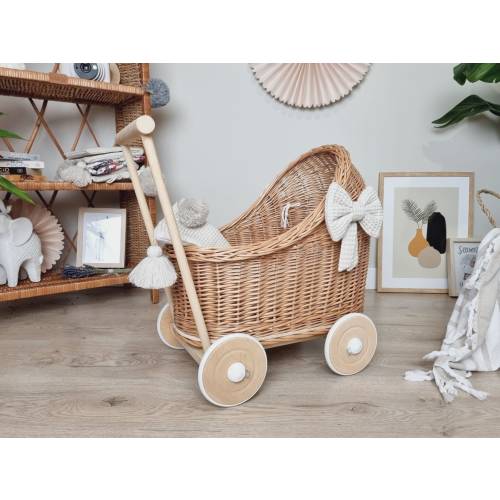 Wiklibox wicker & beech wood doll&#39;s pram in NATURAL color + bedding and bows. Unpainted! Christmas Gifts !