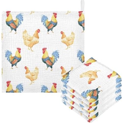 Baby Washcloths Cotton Chickens Rooster Baby Muslin Washcloths Soft Baby Face Towel for Newborn Infants Baby Wipes, 11.8 X 11.8 Inch, 5 Pack White