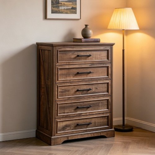5 Drawer Dressers for Bedroom, 46" Tall Farmhouse Chest of Drawer with Wide Metal Handle, Wood Drawer Organizer for Bedroom, Hallway, Light Brown