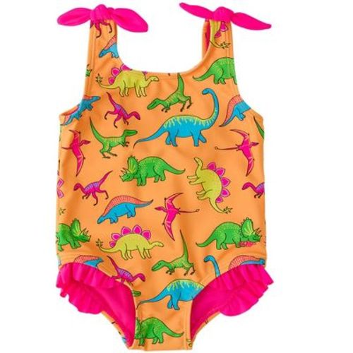 RuffleButts Baby/Toddler/Kid Girls UPF50+ Tie Shoulder One Piece - Neon Dino, 3-6m