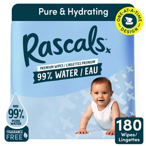 Rascals 99% Water Premium Baby Wipes, 180 Count, for Sensitive Skin - Walmart.ca
