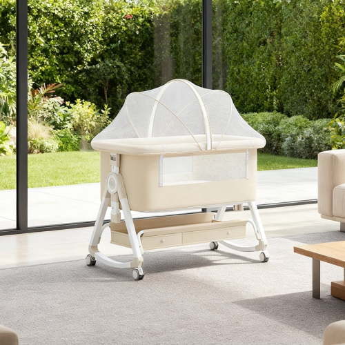 White 3-in-1 Bedside Bassinet, Adjustable Rocking Baby Crib with Lockable Wheels, Mosquito Net, Thick Mattress and Underbed Storage for Newborns