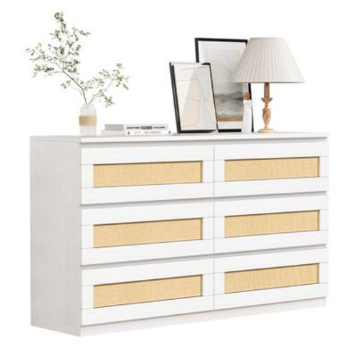 Dresser for Bedroom, Rattan 6 Drawer Dresser for Closet, Double Wood Dressers & Chest of Drawers, For Bedroom/Living Room/Entryway, Natural
