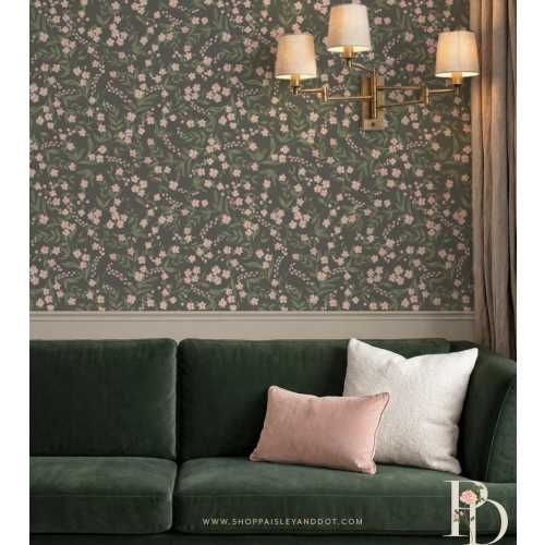 Moody Ditsy floral Vintage wallpaper for a Bedroom or elegant Powder room. Dusty Pink and green.