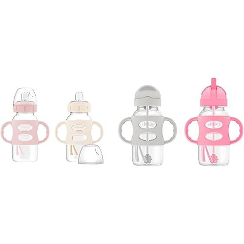 Dr. Brown's Milestones Wide-Neck Sippy Bottle with 100% Silicone Handles & Milestones Wide-Neck Sippy Straw Bottle with 100% Silicone Handles, 9oz/270mL, Gray & Pink, 2 Pack, 6m+