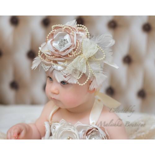 Large Over the Top Headband, Cake Smash First Birthday Photos, Cream Champagne Girl, Lace Pearl Feathers, Flower Beauty Pageant, Gemstones
