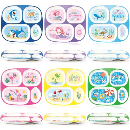 Hushee 6 Pcs 9.4 x 8.2 Inch Dinner Plates for Kids Boys Girls Summer Ocean Theme Dinnerware Set Plastic Divided Plates Serving Dishes Summer Ocean Sea Pool Shark Mermaid Flamingo Beach