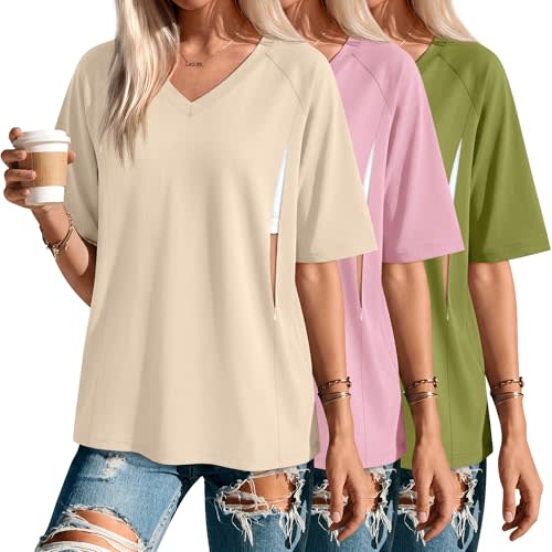 Sweetyweee 3 Pack Women's Nursing Shirts for Breastfeeding Tops Oversized Short Sleeve Postpartum Outfits with Hidden Zip