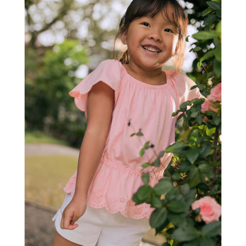 Soft Coral Puff Sleeve Eyelet Top | Little Sleepies