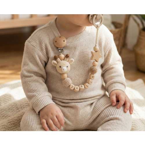 Personalized Crochet Pacifier Clip, Neutral Boho Pacifier Holder, Custom Name Baby Accessory, Newborn Baby Shower Gift