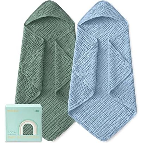 Yoofoss Hooded Baby Bath Towels 2 Pack 100% Muslin Organic Cotton with Hood | for Newborn, Babies, Infant, Toddler and Kids, 32x32 Inch, Soft and Absorbent, Baby Essential, Blue & dark Green
