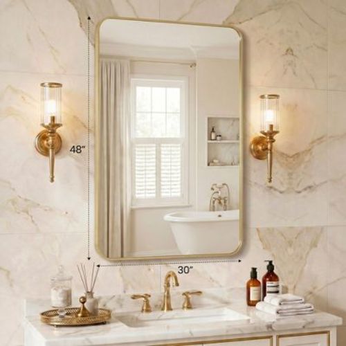JIONJOY 30"x48" Gold Rounded Rectangle Wall Mounted Mirror, Metal Frame Vanity Mirror for Bathroom Bedroom Entryway