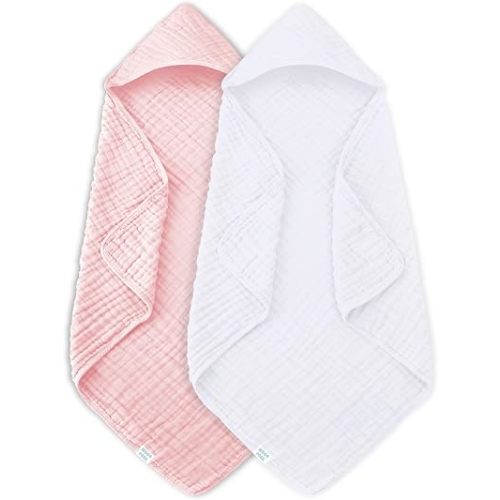 MOON PARK 2 Pack Muslin Hooded Baby Bath Towels for Newborns, Infants, Toddlers - 100% Cotton - Large 32x32Inch Size - Highly Absorbent and Essential, White and Pink