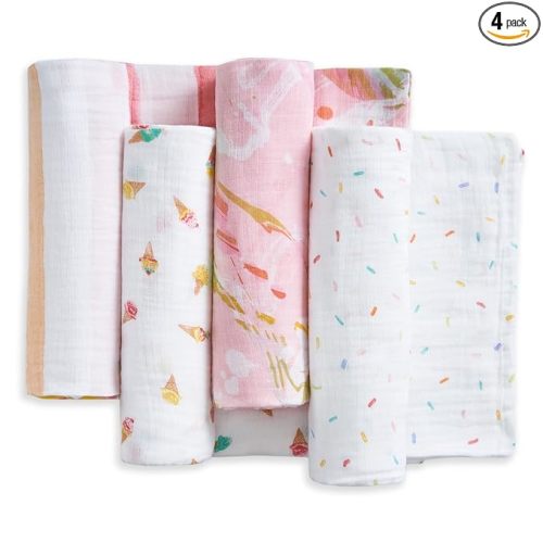 aden + anais Essentials Cotton Muslin Swaddles, Breathable Baby Blanket, Ideal for Boys, Girls, Newborns, Babies & Infants, Receiving Blanket, Soft and Lightweight Wrap, 4 Pack, Ice Cream Dreams