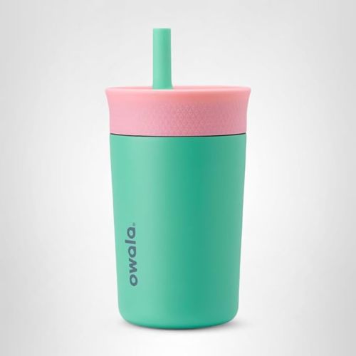 Owala Kids Insulation Stainless Steel Tumbler with Spill Resistant Flexible Straw, Easy to Clean, Kids Water Bottle, Great for Travel, Dishwasher Safe, 12 Oz, Pink and Teal (Real Cool Fish)