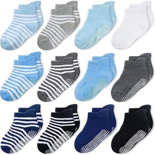 CozyWay Baby & Toddler Socks with Grippers Non Slip Ankle Grip Socks For Boys and Girls - Comfy Soft Cotton - 12 Pack