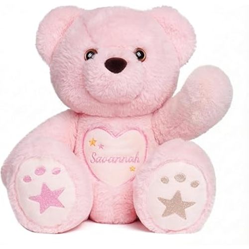 Custom Teddy Bear 14" – Personalized Cute Plush Love Bear with Embroidered Name, Date & Stars, Soft Plush Toy with Poseable Joints,Baby Shower & Birthday Gift for Girls and Boys(Pink)