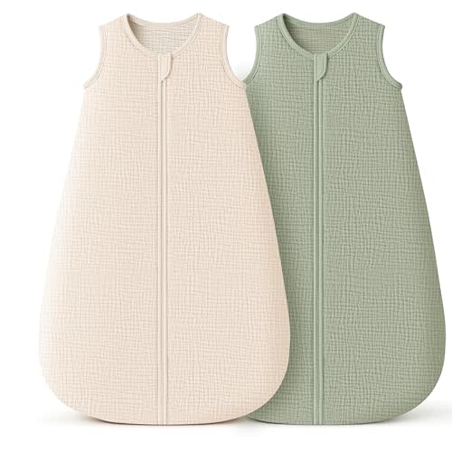 Konssy Muslin Baby Sleep Sack 6-12 Months 0.8 TOG, 2 Pack 100% Cotton Wearable Blanket for Babies, 2-Way Zipper Breathable Sleeping Sack Infant Toddler Essentials for Girls and Boys (Cream, Fog Green)