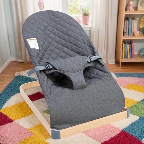 Baby Bouncer - Portable Bouncer Seat for Babies, Ergonomic Design Baby Bouncy Seats Infant with Wood Grain Base Natural Vibrations, Grey