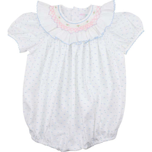 Blue Swiss Dot Smocked Bubble