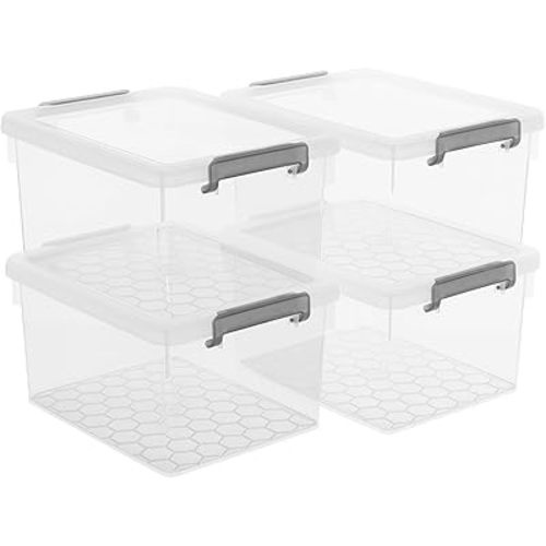 Citylife 22.2Qt Ultra-Thick (3.82mm) Clear Plastic Storage Bins with Lids, 4-Pack Stackable Straight-Wall Closet Organizers with Honeycomb Base & Pinch-Free Latches for Garage, Clothes & Holiday Decor