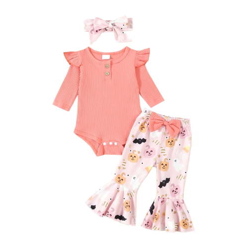 RMGVDSD Baby Girl Clothes Toddler Girls Long Sleeve Solid Color Rompers Tops And Cartoon Printed Flare Pants With Headband 3Piece Children's Clothing Set 0-3 Months