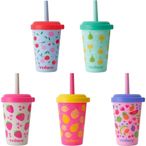 GoGo's Kids Portable Tumbler Cups with Lids and Spill-Proof Straws - 5 Pack of Stackable 12 oz Tumblers with Twist-On Lids - Easy Storage, Dishwasher Safe - Fruity Cutie