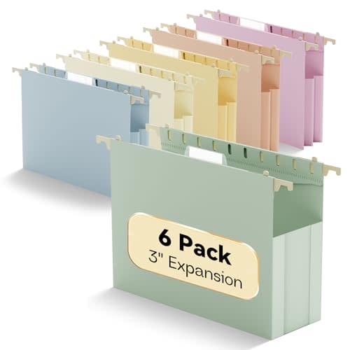 Plastic Hanging File Folders Extra Capacity,3" Expanding Pocket Letter Size,Expandable Large Pastel Hanging Folders,Adjustable Tabs,Heavy Duty Filing Cabinet Folder for Bulky Files,6 Pack