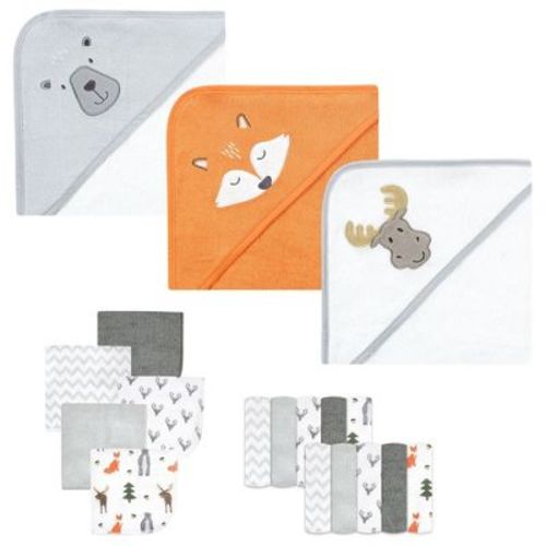 Hudson Baby Infant Boys Animal Hooded Towel 3pk and 15 Washcloths, Woodland, One Size