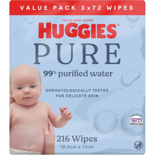Huggies Pure 99% Purified Water Baby Wipes 216 Pack