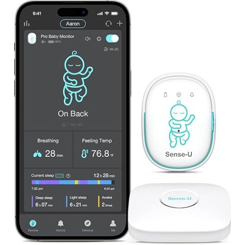 Sense-U Pro Baby Monitor(Long Range) – Tracks Breathing Movement, Rollover & Temperature Anywhere for Better Sleep, Simple Clip-On Smart Tracker with Arousal Vibration, Audible Alerts & Sleep Analysis